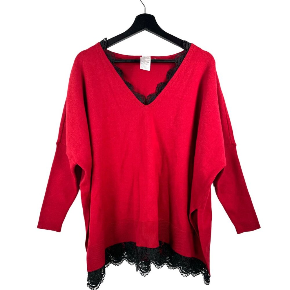 Chicos dollman sleeve crochet trim oversized tunic sweater red sz S/M‎